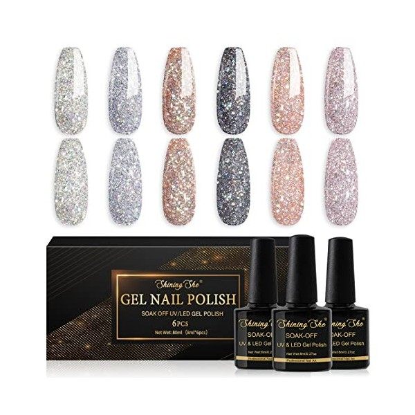 Shining She Vernis Semi Permanent Paillettes, 6 Couleurs Paillettes Blanc Argenté Noir Or Rose Vernis à Ongles Gel Soak Off U