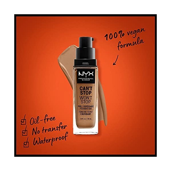 NYX Professional Makeup Fond de Teint Liquide Couvrant Tenue 24h Cant Stop Wont Stop, Waterproof, Fini Mat, Teinte : Neutra