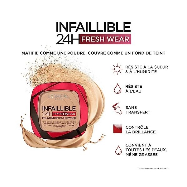 LOréal Paris - Fond de Teint Poudre Longue Tenue - Waterproof - Infaillible 24H Fresh Wear, Teinte : Sable Doré 200 , 53 g