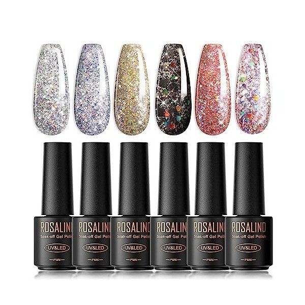 ROSALIND Vernis Semi Permanent Paillette，6 Couleurs Mini Vernis à Ongles Gels Semi-permanents UV LED Soak Off Gel Nail Polish