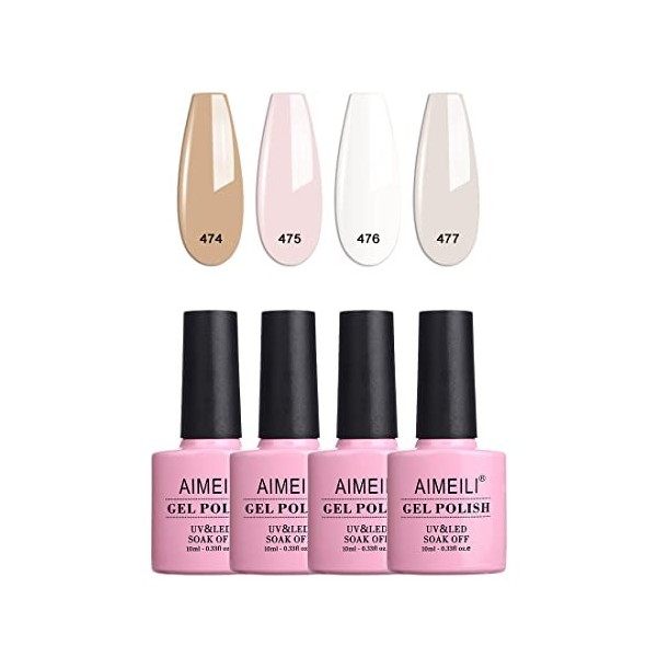 AIMEILI 4 Couleurs 10ml Vernis Gel Semi Permanent Naturel Nude Blanc Laiteux Rose, Lot Vernis à Ongles Gel UV LED Nail Polish