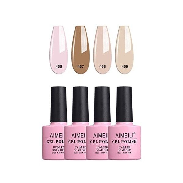 AIMEILI 4 Couleurs 10ml Vernis Gel Semi Permanent Naturel Nude Blanc Laiteux Rose, Lot Vernis à Ongles Gel UV LED Nail Polish