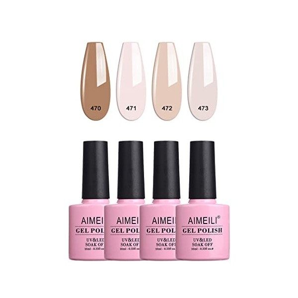 AIMEILI 4 Couleurs 10ml Vernis Gel Semi Permanent Naturel Nude Blanc Laiteux Rose, Lot Vernis à Ongles Gel UV LED Nail Polish