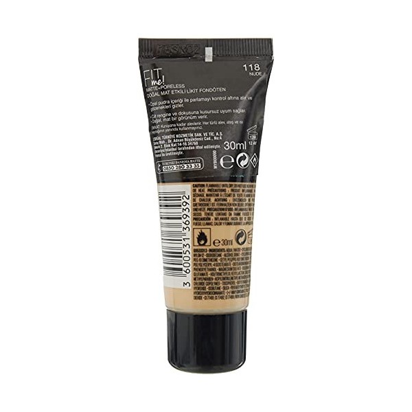 Maybelline New-York - Fond de teint Fluide Fit Me Matte & Poreless - Peaux normales à grasses - Teinte : 118 Nude - 30 ml