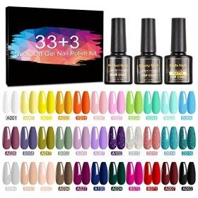 TORMAY Vernis Semi Permanent 36 Pcs 33 Couleurs + 3 Base et Top Coat , Lot UV LED Vernis à Ongles Gels Semi-permanents Soak 