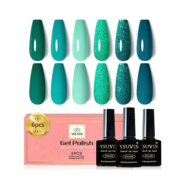 YSUVIN Vernis Semi Permanent Vert, 6 Couleurs Vert émeraude Collection Vert Olive Foncé Vert Bleu Turquoise Pailleté Vernis à