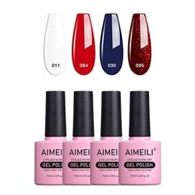 AIMEILI 4PCS 10ml Vernis Gel Semi Permanent, Drapeau Français Couleurs Blanc Bleu Rouge Pailleté Lot Vernis à Ongles Gel UV L