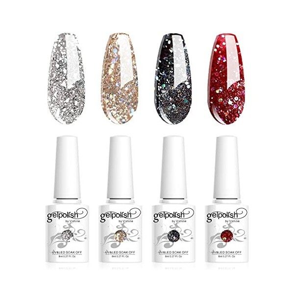 Vishine Vernis Gels Semi-Permanents, Lot de 4 Couleurs Pailleté Or Argent Rouge Noir Collection Nail Art Vernis à Ongles UV L