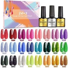 Vernis Semi-Permanent, 27 Pcs Vernis à Ongles Kit Semi Permanent 24 Couleurs Lot Vernis Gel Semi Permanent UV Led Avec 3 Base