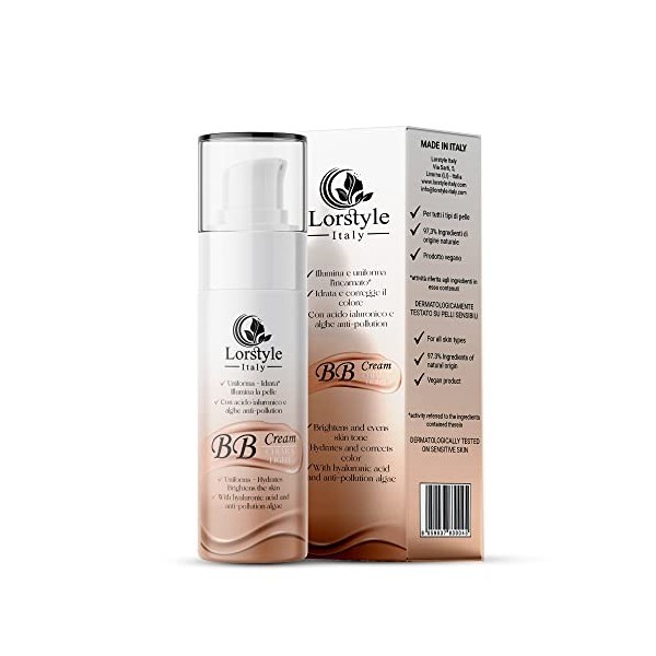 Lorstyle BB Crème 3 en 1 - Crème hydratante visage teinte - à lAcide Hyaluronique et aux Algues Antipollution - Effet Unifor