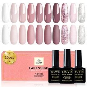 YSUVIN Vernis Semi Permanent Rose, 10 Couleurs Nudee Rose Clair Brillant Argent Rose Gris Rose Foncé Blanc Vernis Gel Soak of