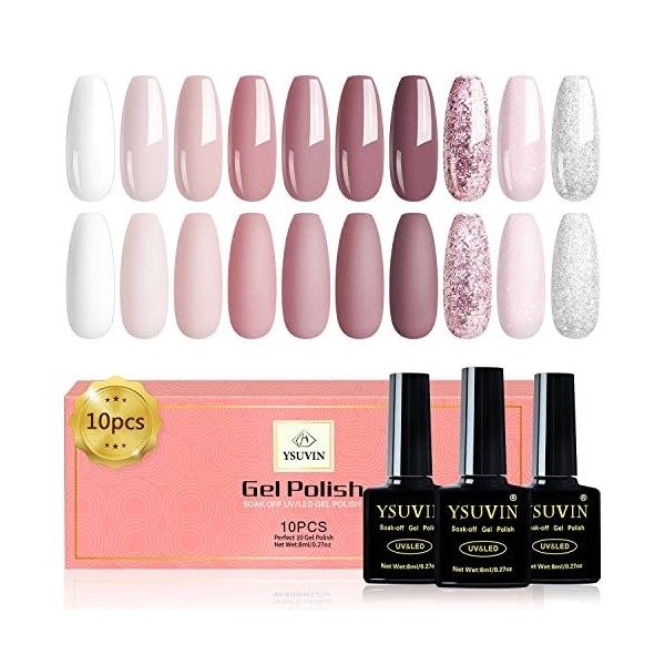 YSUVIN Vernis Semi Permanent Rose, 10 Couleurs Nudee Rose Clair Brillant Argent Rose Gris Rose Foncé Blanc Vernis Gel Soak of