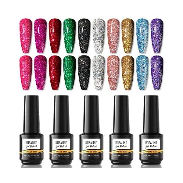 ROSALIND Vernis Semi Permanent,Paillettes Rose Vernis à Ongles Noir Vernis Gel UV 7ML 10 Couleurs Ongle Gel Nail Polish Verni