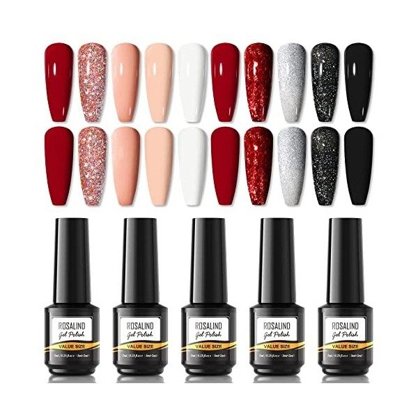 ROSALIND Vernis Semi Permanent,Paillettes Rose Vernis à Ongles Noir Vernis Gel UV 7ML 10 Couleurs Ongle Gel Nail Polish Verni