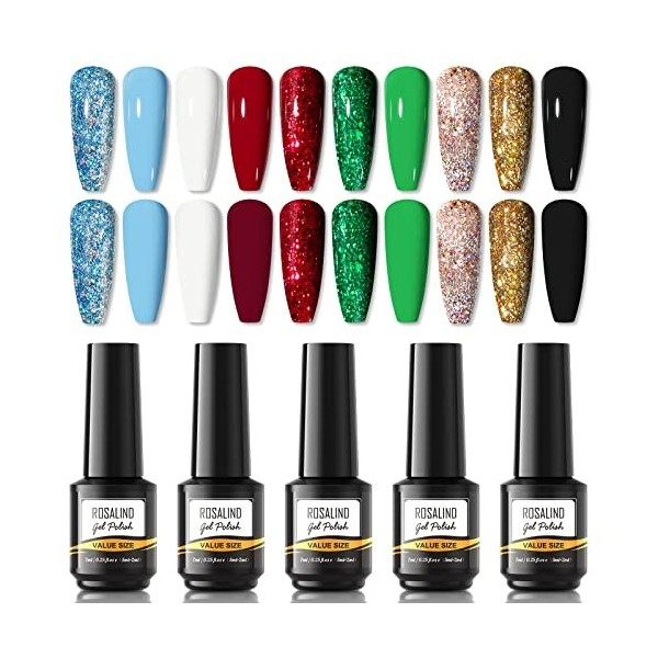 ROSALIND Vernis Semi Permanent,Paillettes Rose Vernis à Ongles Noir Vernis Gel UV 7ML 10 Couleurs Ongle Gel Nail Polish Verni