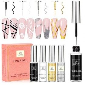 YSUVIN UV Gel Liner Ongles, 4PCS Vernis Semi Permanent, Noir Blanc Or Argent Nail Art Pailleté Vernis à Ongles Soak Off UV/LE
