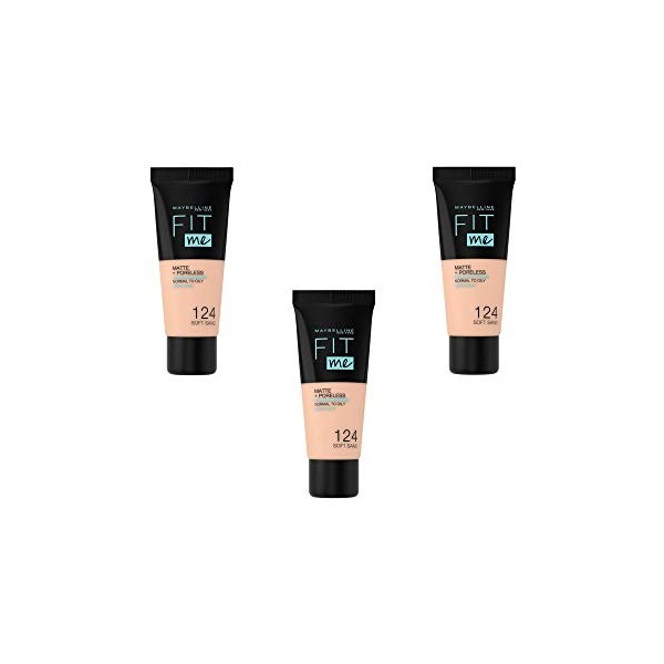 Maybelline New York Fond de teint Fluide Fit Me Matte & Poreless - 124 Sable, Lot de 3 3 x 30ml 