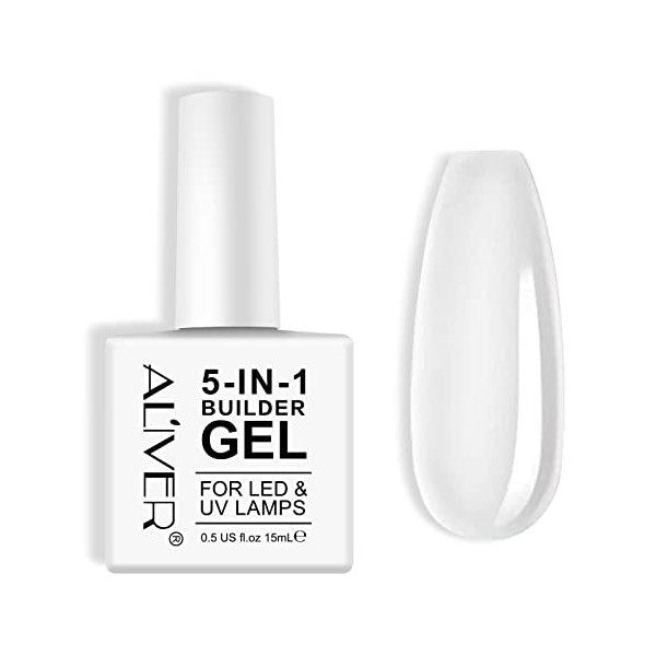 Gel Construction Ongle UV 5 en 1 15 ml, Blanc Builder Gel, Gummy Base, UV/LED Vernis à Ongles Pour Nail Extension, Réparation