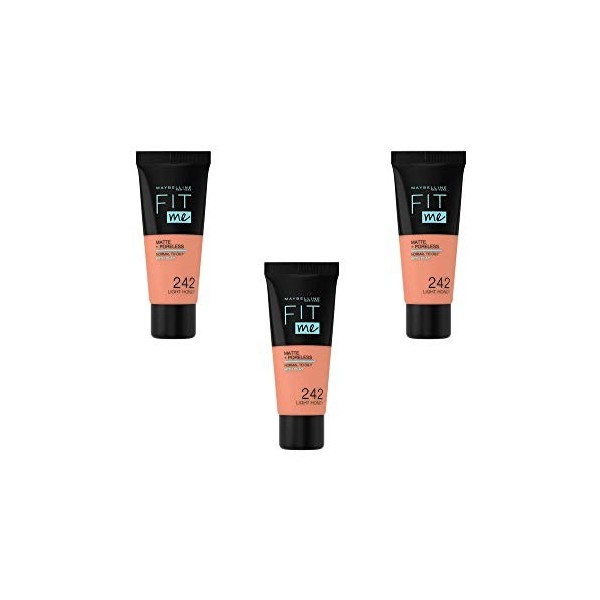 Maybelline New York Fond de teint Fluide Fit Me Matte & Poreless - 242 Miel Clair, Lot de 3 3 x 30ml 