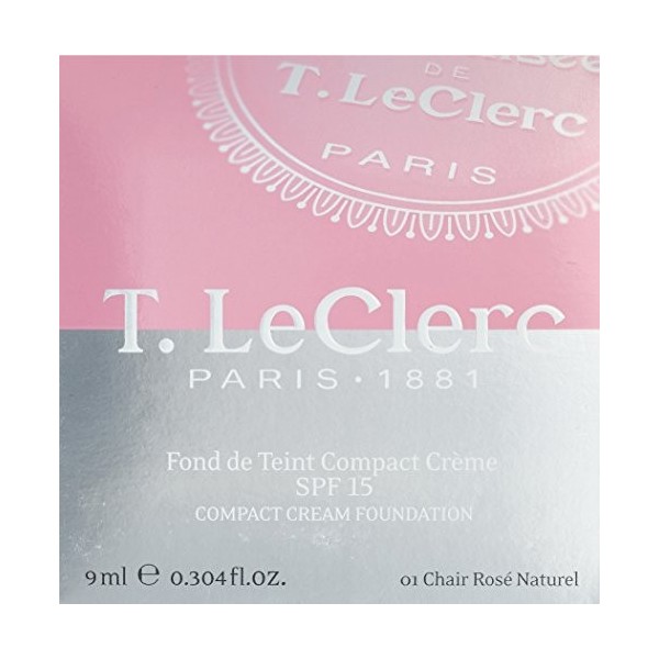 T. LeClerc PARIS 1881 Fond de Teint Compact Crème SPF15, 01 Chair Rosé Naturel, 9 ml, 1 Unité