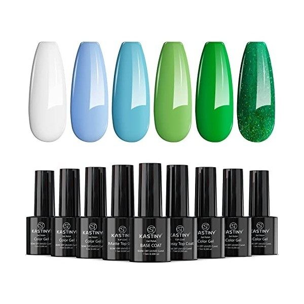 Vernis Semi Permanent, Kastiny 9 DIY Manucure Cadeau Kit avec Base Top Coat Mat& Brillante, UV LED Vernis à Ongles Gel Soak O