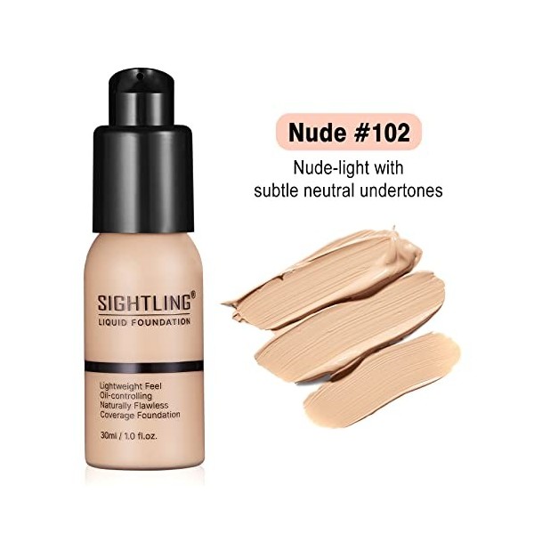 SIGHTLING 30ml Fond de Teint Couvrant Liquide Couverture Complète Foundation Correcteur Nude & Buff Beige avec 6ml Face Pri