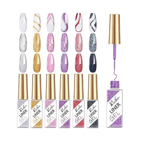 Rechoo 6pcs Liner Gel Nail Art Set, 8ml Rosa Matte Glitter French Manucure Semi Permanent Liner, Pink Pailleté Ongle uv Verni