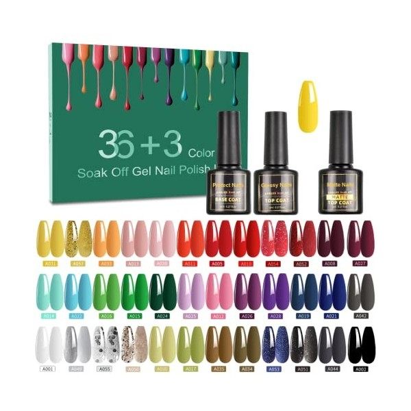 TORMAY 39pcs Vernis Semi-permanents, 36 couleurs de vernis à ongles semi-permanents à LED UV avec base et couche supérieure, 