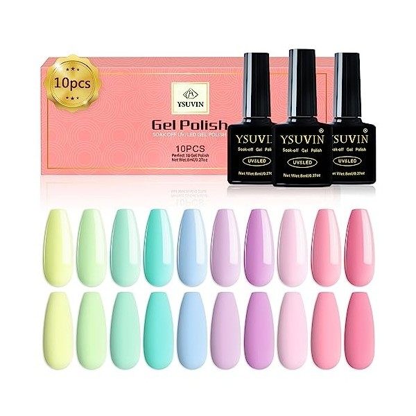 YSUVIN Vernis Semi Permanent Néon, 10 Couleurs Pastel Printemps été Vernis à Ongles Gels Rose Cyan Jaune Citron Orange Azure