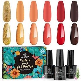 Vernis Semi Permanent, Kastiny 9 DIY Manucure Cadeau Kit avec Base Top Coat Mat& Brillante, UV LED Vernis à Ongles Gel Soak O