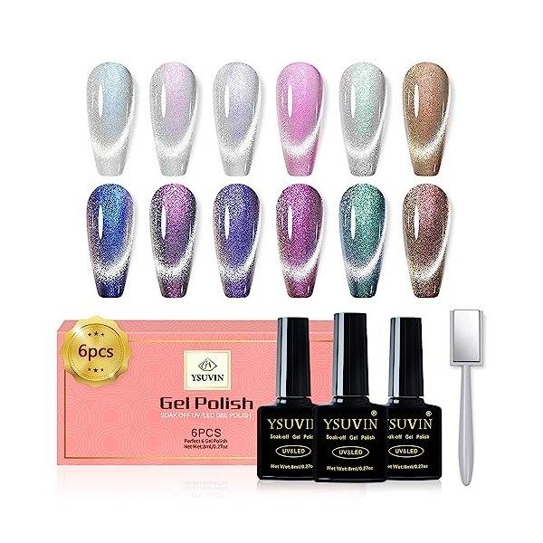 YSUVIN Vernis Semi Permanent Magnétique, 9D Cat Eye Magnetic Vernis Gel Soak Off UV/LED Manucure Kit DIY Nail Salon, 6 Couleu