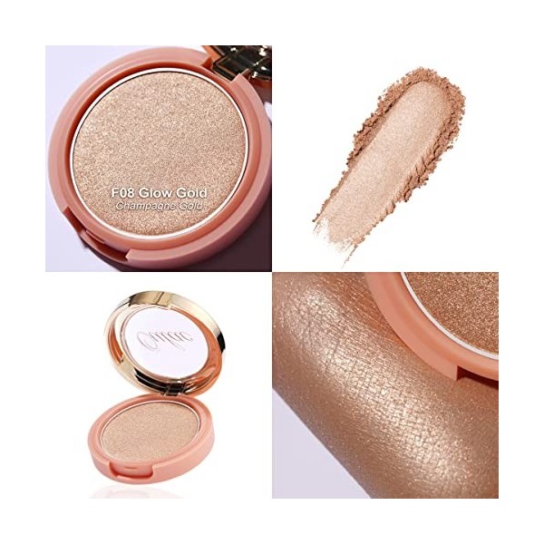 Oulac Fard à Joue Illuminateur de Teint Maquillage Highlighter,Eclat naturel,Couleur Riche,Maquillage Végétalien,4.8g,F08 Glo