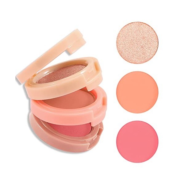 Boobeen Blush and Highlighter Kit, 3 in 1 Makeup Powder Palette Shimmer Bronzer, Orange&Pink Matte Blusher Blendable Glow Fac