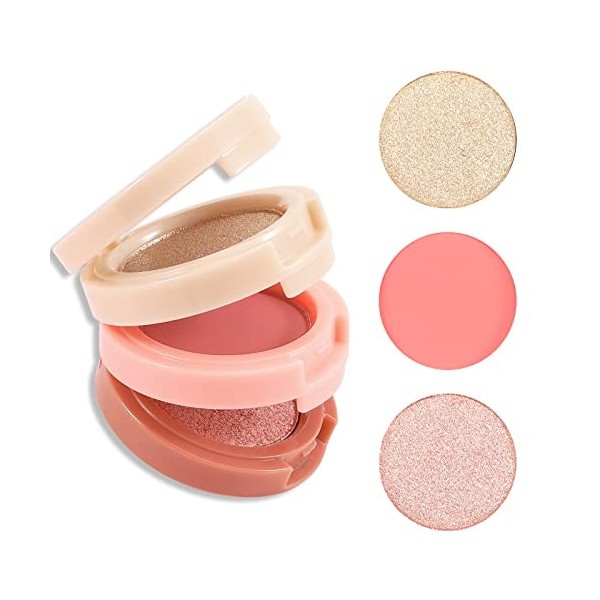 Boobeen Blush and Highlighter Kit, 3 in 1 Makeup Powder Palette Shimmer Bronzer, Orange&Pink Matte Blusher Blendable Glow Fac