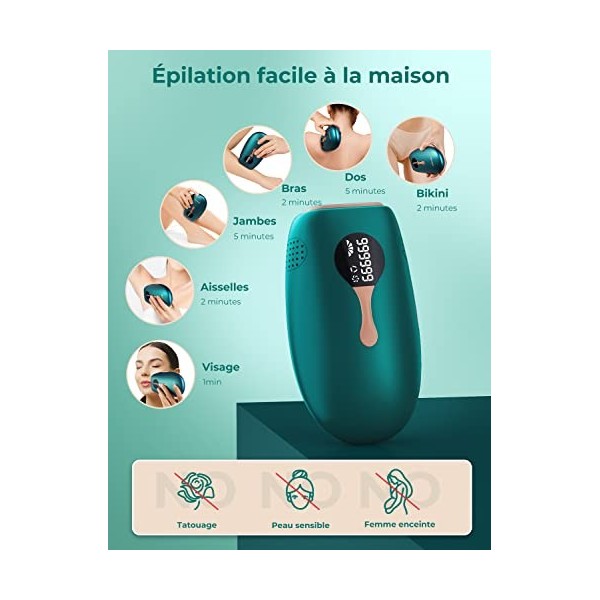 YOHOOLYO Épilateur à Lumière Pulsée, Épilateur IPL Semi-Définitive 999,999 Flashs pour Corps, Visage, Aisselles et Zones Sens