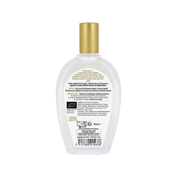 Floressance - Huile Végétale Coco Biologique - Nourrit - Certifié AB - Flacon de 50 ml