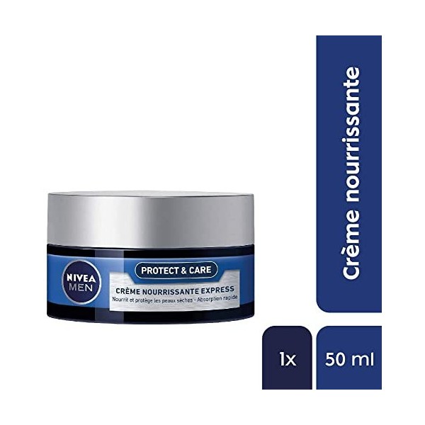 NIVEA MEN Protect & Care Crème Nourrissante Express 1 x 50 ml , Crème hydratante nourrissante pour les peaux sèches, soin vi