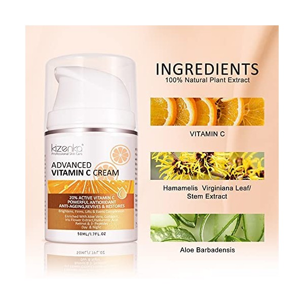 Crème Vitamine C, 20% Crème de Vieillissement de la Vitamine C pour le Visage et la Peau, Crème de jour Hydratant Convient au