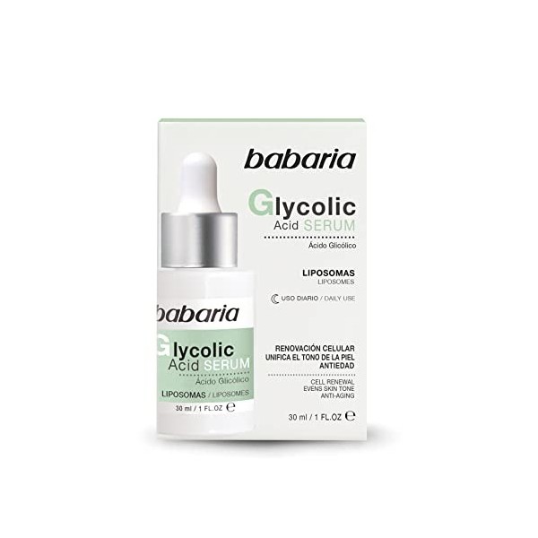 Babaria - sérum facial glycolique formulé avec de lacide glycolique et de la vitamine E, un effet anti-linge, lhydratation 