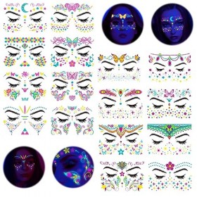 16 Feuilles Autocollant Visage Néon: HOMURY Tatouages Temporaires, Tatouage Autocollants Visage pour Halloween Fête Festival 