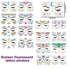 16 Feuilles Autocollant Visage Néon: HOMURY Tatouages Temporaires, Tatouage Autocollants Visage pour Halloween Fête Festival 