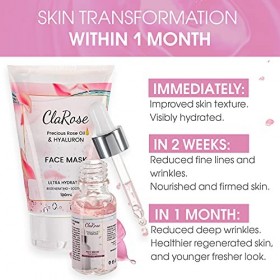 ClaRose - Kit Visage à lAcide Hyaluronique : Sérum Visage Anti-âge 30 ml & Masque Visage Régénérant 75 ml Enrichi en Hui