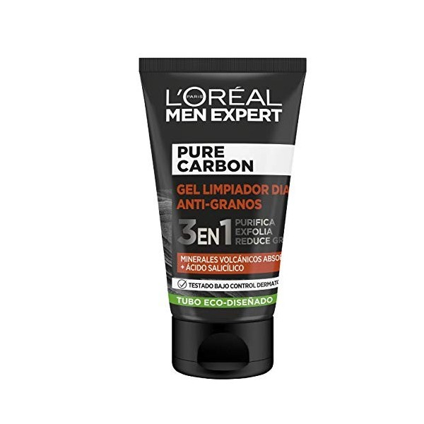 LOréal Paris Men Expert - Pure Carbon, gel limpiador facial diario anti-granos, Con Minerales Volcánicos y Ácido Salicílico,