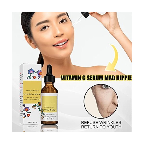 Vitamin C Serum, Sérum visage concentré de vitamine C effet immédiat, Sérum Vitamine C avec Acide Hyaluronique Pour Tous Type