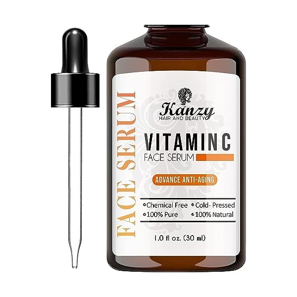 Kanzy Visage Sérum à la Vitamine C pour le avec acide Hyaluronique - Sérum Vegan anti-âge et anti-rides naturel et biologique