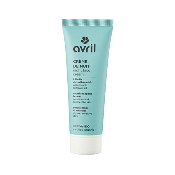 Avril - Crème de Nuit Bio - Peaux Sèches & Sensibles - Huile de Graine de Carthame Bio - 99% dOrigine Naturelle - Certifié B