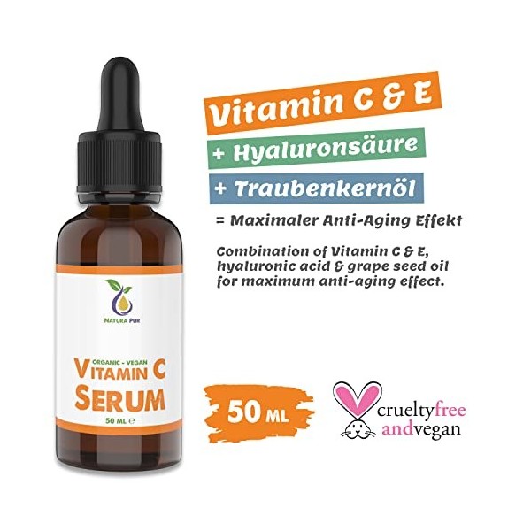 BIO Sérum Vitamine C avec acide hyaluronique 50ml, vegan - hautement dosé avec 20% de vitamine C - gel anti-âge avec huile de