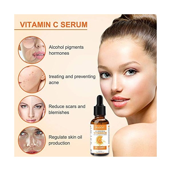 Sérum anti-âge, sérum 20% de vitamine C pour le visage, sérum anti-rides et cernes à base de plantes avec antioxydant, mélang