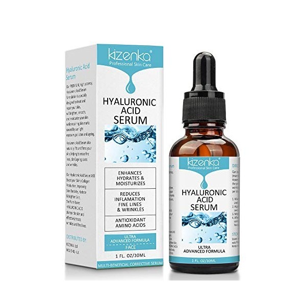 Sérum lAcide Hyaluronique pour la Peau, kizenka Sérum Anti-rides Anti-âge, Hydrate et Lisse des Ridules, des Taches brunes e