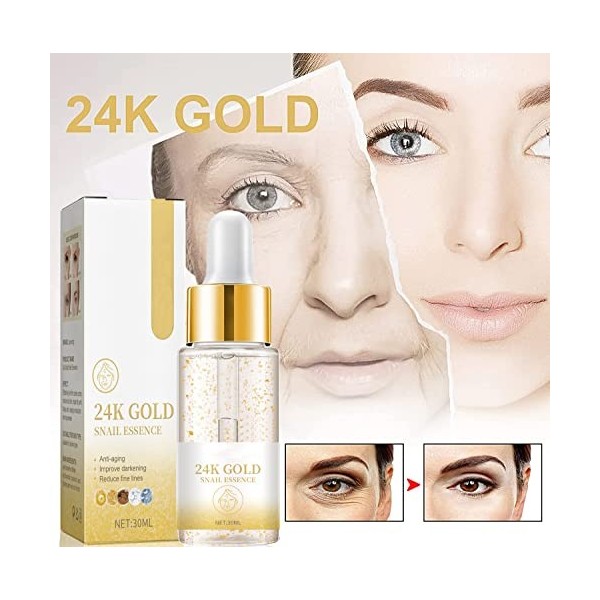 Sérum 24k Gold, Serum Acide Hyaluronique, Anti-Vieillissement Essence, pour le Visage Hydratant Nourrissant Uniforme Peau Lif